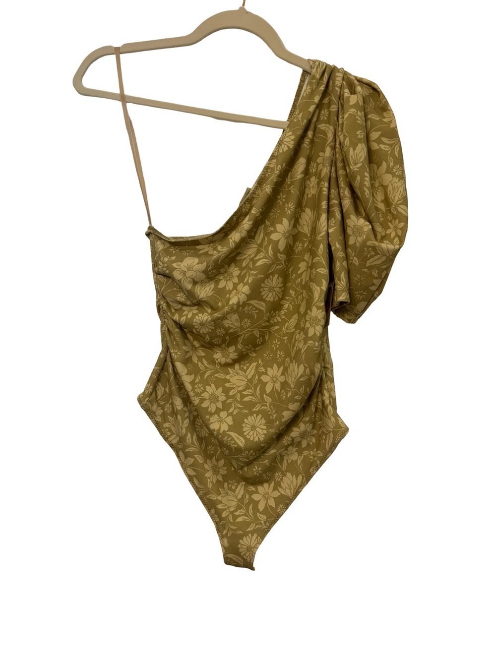 Free People Olive Floral One-Piece with Asymmetric Puff Sleeve Size Small